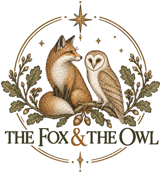 The Fox & The Owl mark: a fox and a barn owl in an oak-leaf wreath beneath a star