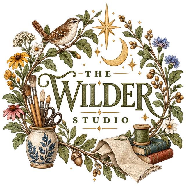 The Wilder Studio mark: a wren in a wildflower wreath around paintbrushes, scissors, and books