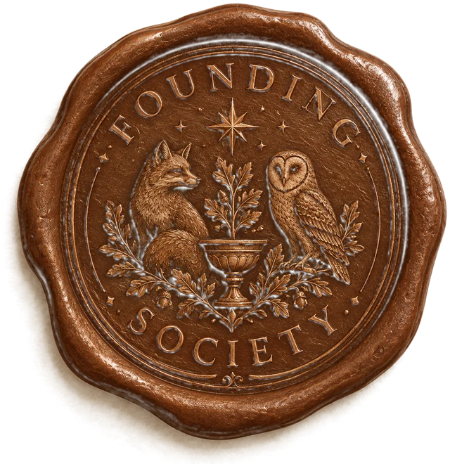 The Founding Society wax seal, a fox and an owl beside a laurel-wreathed urn