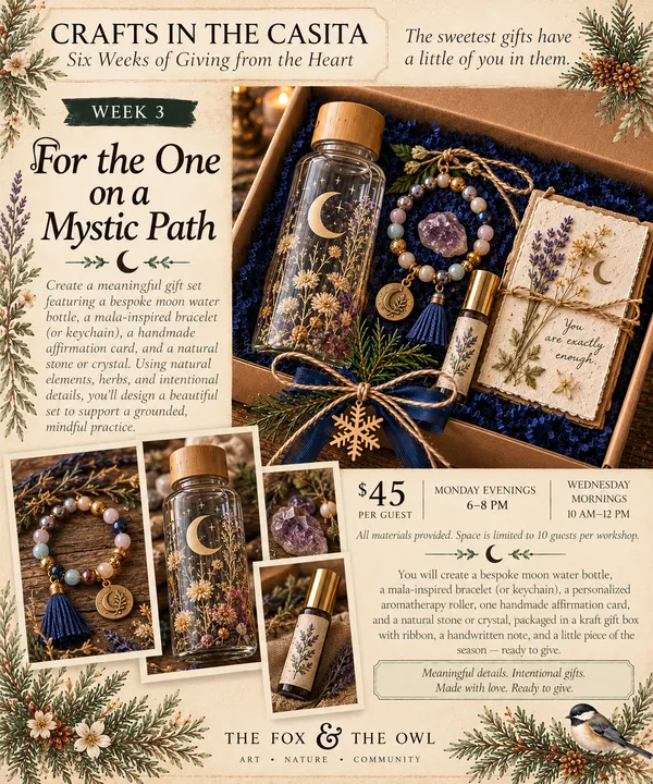 For the One on a Mystic Path workshop flyer: a moon water bottle, mala bracelet, affirmation card and natural stone