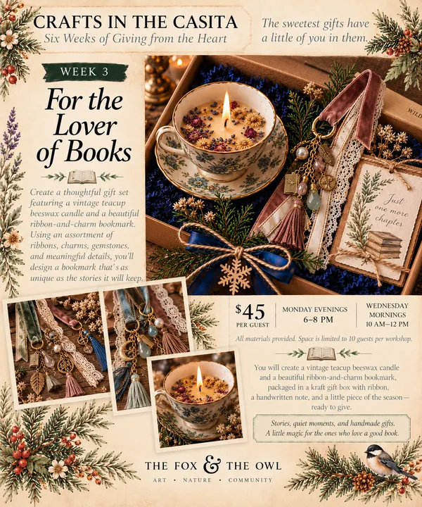 For the Lover of Books workshop flyer: a vintage teacup beeswax candle and a ribbon-and-charm bookmark