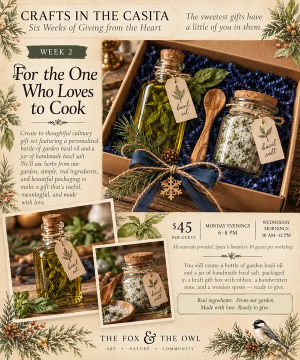 For the One Who Loves to Cook workshop flyer: a bottle of garden basil oil and a jar of handmade basil salt