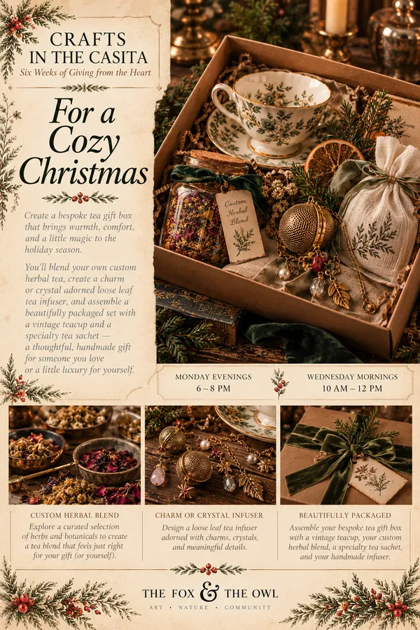 For a Cozy Christmas workshop flyer: a custom herbal tea blend with a vintage teacup and infuser